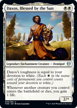 Spoiler card - Daxos Blessed by the Sun is subtyped a demigod in Theros Beyond Death 