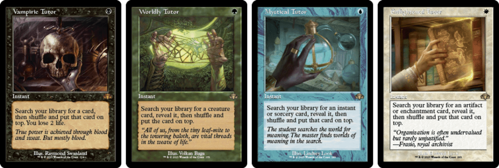 The original tutor cycle with the old border frame in Dominaria Remastered