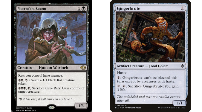 piper of the swarm, and gingerbrute magic the gathering cards. Piper of the Swarm pictures a dark haired individual in tattered clothing covered in rats. Gingerbrute shows a gingerbread man leaping out of a window after destroying a pie. The gingerbread man has frosting dripping from its mounth and it wears an unkind expression,. 