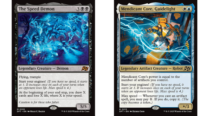 magic cards pictured: the speed demon, and the mendicant core, guidlight. Speed demon shows a bright blue and purple image of a demon reaching out a clawed hand, and Mendicant Core shows a small yellow robot in a driver's seat while controlling a bright blue arch of energy.