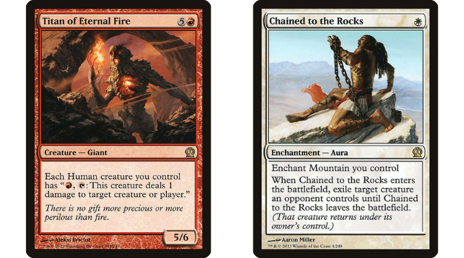 This image shows 2 magic the gathering cards. Titan of Eternal Fire shows a volcanic landscape and an indivi