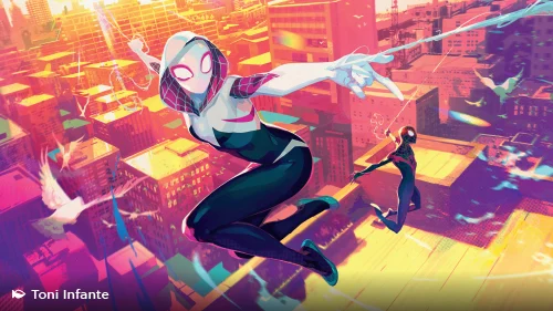 Spider-Man art featuring Ghost Spider (Gwen Stacey) and Miles Morales. Art by Toni Infante