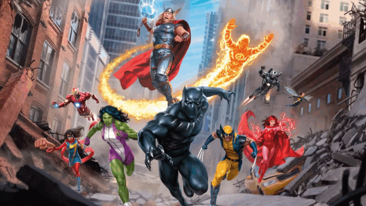 The Avengers jumping into a battle