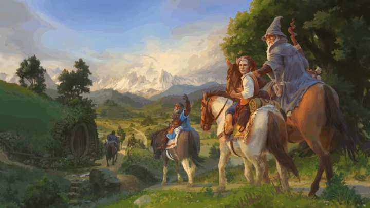 Painting of Bilbo Baggins and Gandalf setting out on a journey