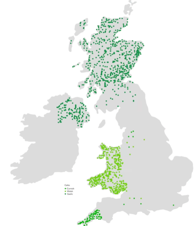 A map showing British place name roots, specifically Celtic roots