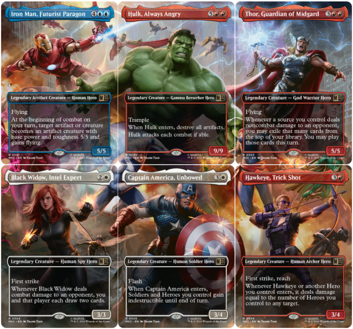 Iron Man, Futurist Paragon | Hulk, Always Angry | Thor, Hero of Midgard
Black Widow, Intel Expert | Captain America, Unbowed | Hawkeye, Trick Shot