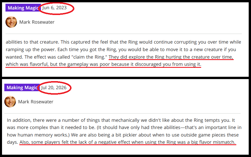 screenshots of Mark Rosewater's statements