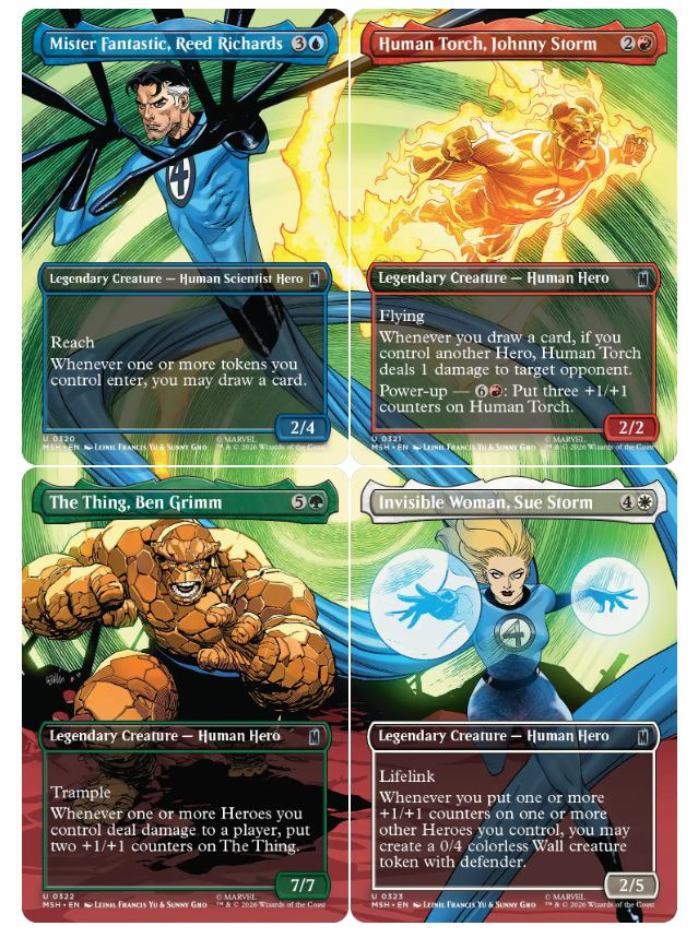 Mister Fantastic, Reed Richards | Human Torch, Johnny Storm | The Thing, Ben Grimm | Invisible Woman, Sue Storm