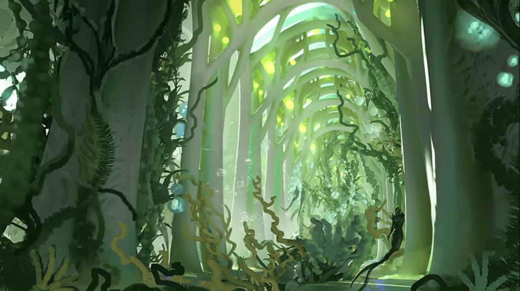 This concept art depicts Nauctis: The Sunken Realm, a vast underwater world. The scene is scheduled to be released as part of a set on February 5, 2027.