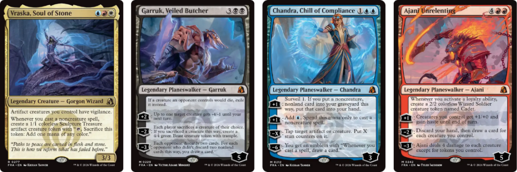 Vraska, Soul of Stone | Garruk, Veiled Butcher | Chandra, Chill of Compliance | Ajani Unrelenting